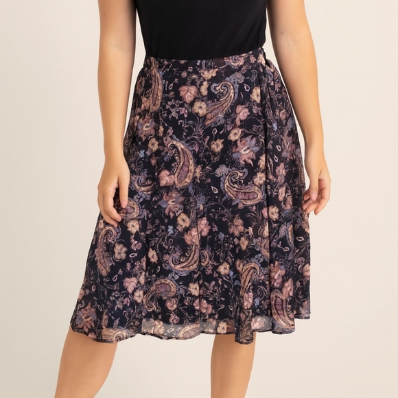 Jaclyn Smith Black Multicolor Paisley Floral Flowy Midi Skirt Size Large - Picture 1 of 8